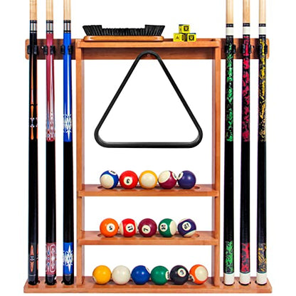 Brown Pool Stick Holder, Wall Mount Pool Cue Rack ,Solid Wood Floor Stand for billiard cue sticks,Holds 6 Pool Cues & a Full Set of Balls,Professional Pool Table Accessories for Billiard Room or Club