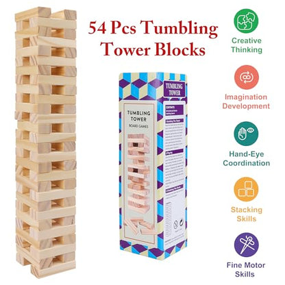 Offelec Wooden Blocks Stacking Games - 54 pcs Tumbling Tower Blocks Game for Kids & Adults, Family Board Games, Montessori Toys with Natural Wood Blocks, Portable Stacking Toys Party Games - style: Color Box
