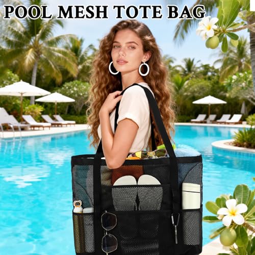 GYEUKHAM Mesh Beach Bag for Women, Sand-Resistant Pool Tote, 9 Pockets (1 Inner Zip), Foldable Family Travel Essentials - color: L-black