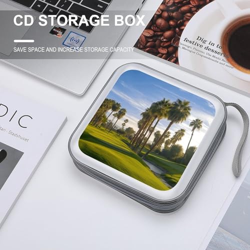 Palm Tree Golf Course CD Case 40 Capacity DVD Case Holder Portable Zipper CD Cases Holder Large Storage Disc Wallet Bag Hard Plastic DVD Cases for Car Home Travel
