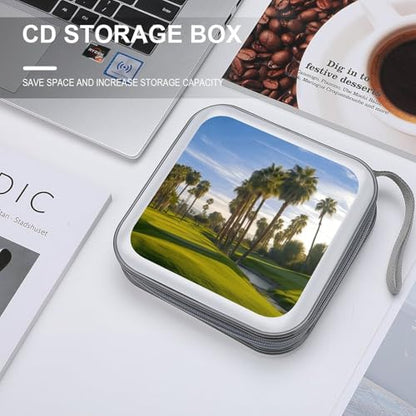 Palm Tree Golf Course CD Case 40 Capacity DVD Case Holder Portable Zipper CD Cases Holder Large Storage Disc Wallet Bag Hard Plastic DVD Cases for Car Home Travel