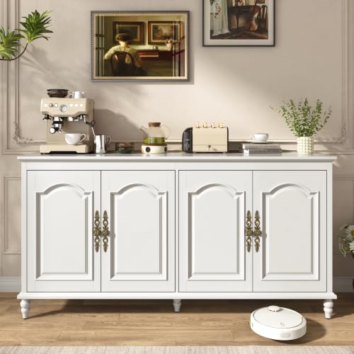 Hlivelood 65" Buffet Cabinet with Storage, Mid Century Modern Sideboard with Adjustable Shelves, Paint Cabinet, Wood Carving Design, Brass Carved Handles & Solid Wood Gourd Legs, Pearl White - color: Pearl White