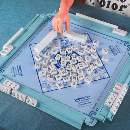 4 Pcs 18.7 Inch Misty Blue Acrylic Mahjong Tile Racks with Pushers for Game Night American Mahjong Racks Tile Set for Mah Jong Lovers and Beginners - color: Misty Blue