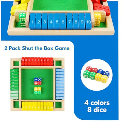 2 Pack Shut the Box Game, 2-4 Play Wooden Dice Math Games for Adults and Kids, Shut the Box Board with 8 Dices for Classroom, Home, Party, Pub