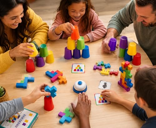 Cup Stacking Game Set with Cards and Bell, Quick Stack Speed Game + Building Blocks Puzzle 2-in-1, Family Party Game for Kids Ages 3-8, STEM Educational Toy 48 Pieces
