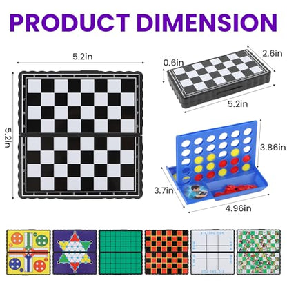 8-in-1 Mini Travel Board Games Set, Magnetic Checkers Game with Folding Magnet Board, 4 in a Row Game, 5.2'' Compact Design Ideal for Family/Road Trip/Travel/Camping Party, Included Storage Bag
