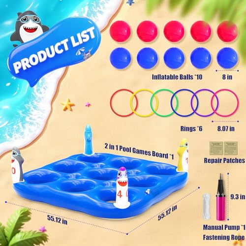 Shark Pool Toys Games Set, 2-in-1 Giant Inflatable Tic Tac Toe Float Game & Ring Toss Game with 10 Balls & 6 Rings, Outdoor Summer Fun Beach Yard Swimming Pool Games for Adults Teens Kids 6+ - style: Shark
