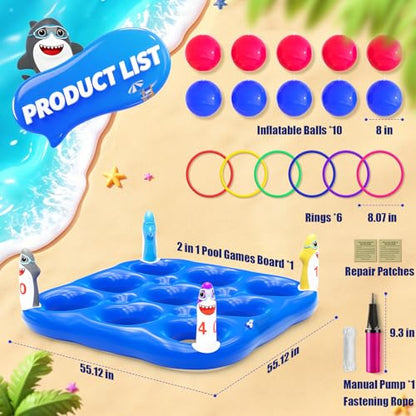 Shark Pool Toys Games Set, 2-in-1 Giant Inflatable Tic Tac Toe Float Game & Ring Toss Game with 10 Balls & 6 Rings, Outdoor Summer Fun Beach Yard Swimming Pool Games for Adults Teens Kids 6+ - style: Shark