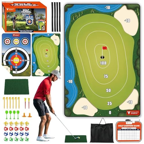 Vitality Sports Golf Chipping Game with Hitting Mat, 72"x48" Double-Sided Sticky Golf Practice Mat with 20 Sticky Balls & 4 Darts, Golf Chipping Game for Adults & Kids Indoor/Outdoor/Backyard