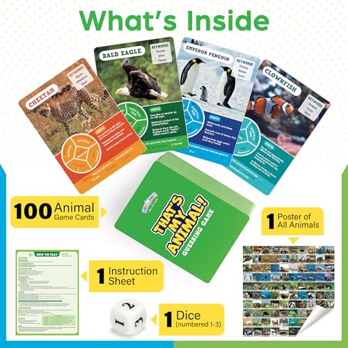 BenBen Guess the Animal in 10 Clues Card Games for Kids & Family, 100 Cards, Animal Trivia Game for Travel, Classroom, Camping, Party, Car, Airplane, Road Trip Activities for Boys Girls Ages 5+