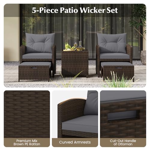 Tangkula 5 Pieces Patio Conversation Set, PE Wicker Rattan Outdoor Furniture Set with 2 Chairs, 2 Ottomans & Tempered Glass Coffee Table, Ideal for Poolside, Backyard, Lawn, Deck, Mix Brown & Grey - color: Mix Brown & Grey