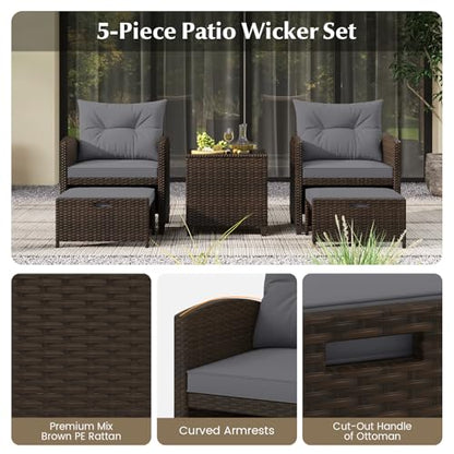 Tangkula 5 Pieces Patio Conversation Set, PE Wicker Rattan Outdoor Furniture Set with 2 Chairs, 2 Ottomans & Tempered Glass Coffee Table, Ideal for Poolside, Backyard, Lawn, Deck, Mix Brown & Grey - color: Mix Brown & Grey