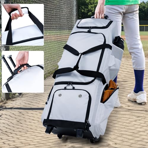 Rolling Baseball Bag With Wheels, Seperate Shoe Compartment and Fence Hook - Large Softball Bag for T-Ball - Team Equipment Duffle Bag - Catcher Gear Bag for Boys 8-12, Youth, Adults - color: White