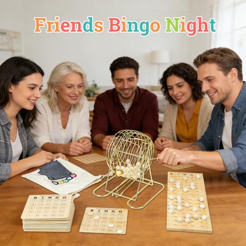 Deluxe Wooden Bingo Game Set with Large Metal Bingo Cage, 25 Reusable Bingo Cards, 75 Wooden Bingo Balls & Number Board, 700 Chips – Bingo Game for Adults, Family Game Night & Large Groups