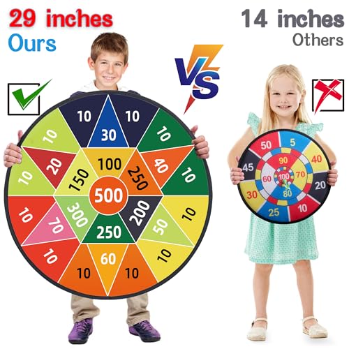 HELLO PAPAYA 29" Large Dart Board for Kids,with 24 Sticky Balls+12 Sticky Darts,Indoor/Sport Outdoor Fun Party Play Game Toys,Birthday for 3 4 5 6 7 8 9 10 11 12 Year Old Boys Girls - style: 2in1-100+500 Scores Target With 24 balls 12 darts