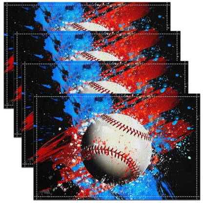 Baseball Placemat Set of 4,Baseball Games Tie Dye Outdoor Indoor Place Mats,Ball Games Sports Washable Durable Table Mats 12x18 Inch - color: Blue Red