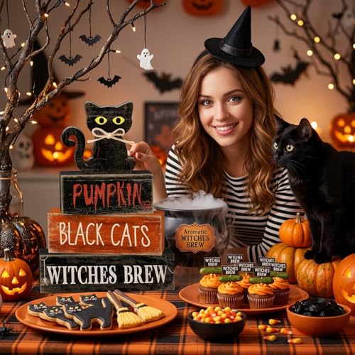 Lineshading 4 Pcs Halloween Table Decoration Black Cat Wooden Stacked Block, "Pumpkin Black Cats Witches Brew" Signs Spooky Halloween Tiered Tray Decor Rustic Gothic Centerpiece for Home Coffee Bar - style: Black Cat