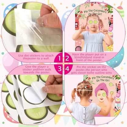 PLULON Spa Party Game for Girls Party, Pin The Cucumber on The Girl Spa Game Poster for Kids Girl Spa Birthday Makeup Sleepover Slumber Party Supplies Women Party Decor - style: Spa