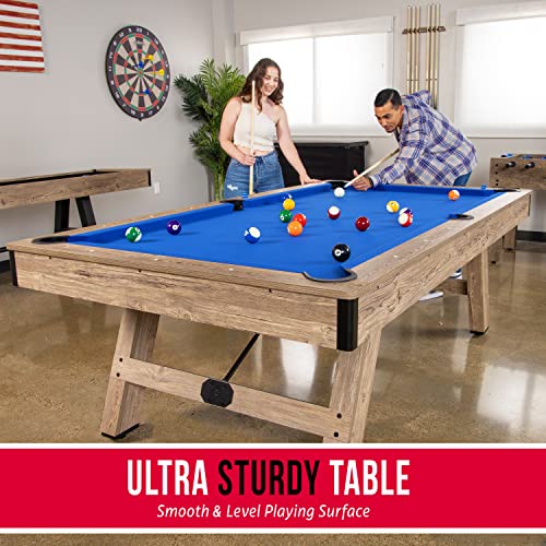 GoSports 8 ft Pool Tables with Wood Finish - Choose Your Style - Modern Billiards Table with 2 Cue Sticks, Balls, Rack, Felt Brush and Chalk - color: Blue, Brown Wood Finish