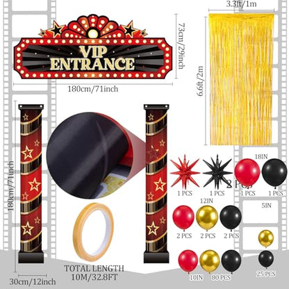 Peryiter 122 Pcs Movie Night Party Decorations VIP Entrance Backdrop Banner Set Red & Black Foil Fringe Curtain Balloon Arch Kit Movie Themed Supplies for Birthday Film Premiere - style: Movie Night