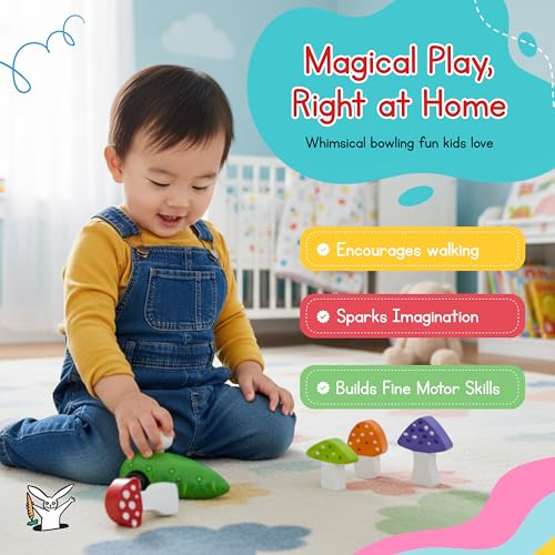 Jack Rabbit Creations Gnome & Mushroom Toddler Mini Bowling Set Game Indoor & Outdoor Toy for Kids- Wooden Skittles Set- Fun Montessori Game for Toddlers & Children