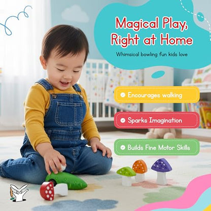 Jack Rabbit Creations Gnome & Mushroom Toddler Mini Bowling Set Game Indoor & Outdoor Toy for Kids- Wooden Skittles Set- Fun Montessori Game for Toddlers & Children