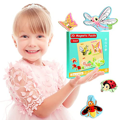 Magnetic Puzzles for Kids Ages 3, Travel Toddler Puzzles Ages 4-5 Year, Insect Activities Toy for Boys & Girls Learning Magnet Gift for Road Trip - style: Insect