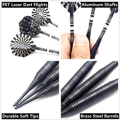 Soft Tip Darts Set for Electronic Dart Board 22g Plastic Tip Darts Set with Brass Barrels&Aluminum Shafts, 6 Flights 3 Spare Plastic Dart Shaft 20 Soft Tips Portable Case (22g-Silver&Black)