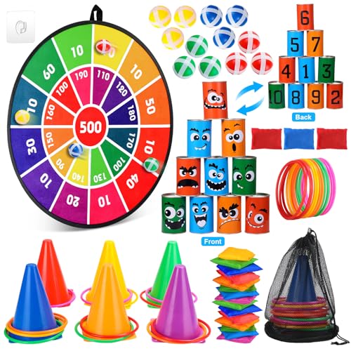 Hungdao 3 Sets Carnival Games Combo Set, Dart Board with Balls Plastic Cones Ring Bean Bags Toss Game for Boys Girls Adults Family Birthday Yard Indoor Outdoor - style: Fun Style