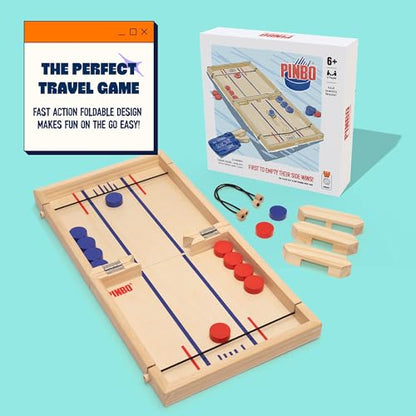 Pinbo Sling Puck Game (18") Premium Wooden Foldable Board | 2 Player Tabletop Game for Adults & Kids | Travel Friendly Classic Slingshot Game