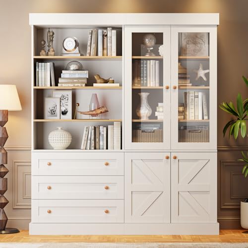 Vyre 71" Tall Farmhouse Bookshelves with Glass Doors and Drawers, Set of 2 – Large Modular Bookcase with Adjustable Shelves, Storage Cabinet for Living Room, Kitchen, White - color: White