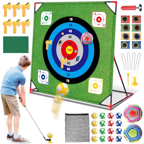 Mostop Golf Chipping Game with Stand - Golf Target Battle Game with Putting Mat, 12 Sticky Balls, 6 Axes, 2 Soccer Balls, 8 Bean Bags, Outdoor Golf Yard Game for Chipping Practice for Dads Golfers
