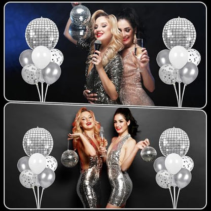 Disco Ball Party Balloons Stand Kit 2 Sets with 2 Silver 4D Discoball Foil Balloon Disco Ball Centerpiece for Tables 70s 80s 90s Dance Themed Birthday Graduation Decorations 2026 Prom Party Supplies - style: Silver Disco