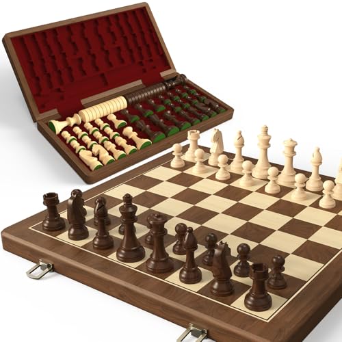 Premium Natural Walnut 15" Magnetic Wooden Folding Chess & Checkers Set- 2 in 1 Board Game with 3" King Staunton Pieces and 2 Extra Queens, Checkers, and Dust-Proof Storage Bag (Red) - color: Red
