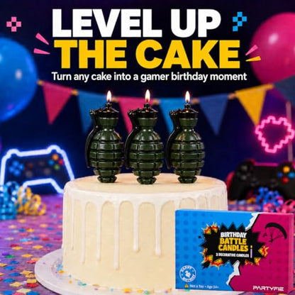 3D Grenade Birthday Candles Set of 3 with Gift Box – Gaming Cake Topper for Battle, Level Up, Army & Video Game Themed Birthday Party Decorations for Boys, Teens & Gamers