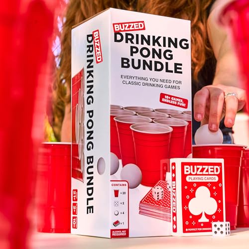 Buzzed Drinking Pong Bundle Kit – Bachelor Party Essentials for Drinking Games, Summer Party Activity for Adults, Outdoor & Poolside Fun, Includes Dice, Pong Balls, Cups & Cards for 10+ Ways to Play - style: Party Pong Bundle