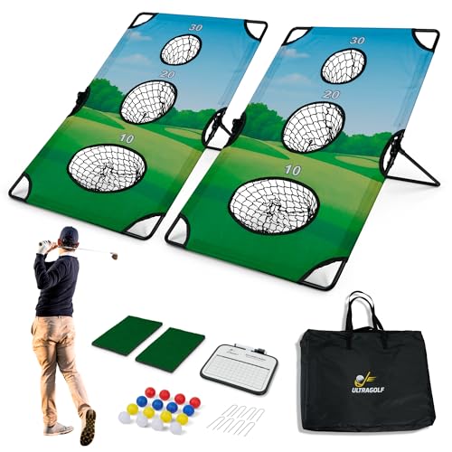 2-in-1 Golf Cornhole Chipping Game Set for Adults, Families and Golf Lovers – Foldable Yard Game with Targets, Non-Slip Mats, Balls, Stakes – Portable Outdoor Lawn and Backyard Simulator