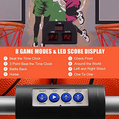 GYMAX Arcade Basketball Game Indoor Foldable with 8 Game Modes, Arcade Sound, 4 Balls and Inflation Pump, Electronic Basketball Games for All Ages Home - color: Silver