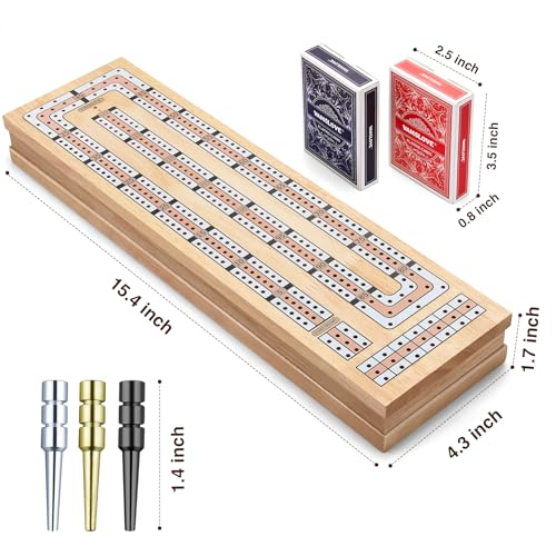 Vamslove Magnetic Cribbage Board 15'' Wooden Folding 3 Track Game Set, w/Instruction, Storage Slots for 2 Playing Cards/Pegs, Card Games for Travel Family Night