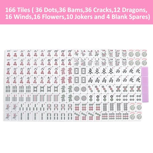 American Mahjong Game Set, 166 Pink Tiles, Pink Bag and Accessories, 4 All-in-One Transparent Rack/Pushers, Mahjong Tiles Set - color: Pink