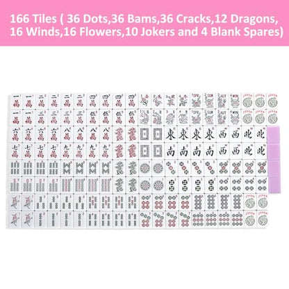 American Mahjong Game Set, 166 Pink Tiles, Pink Bag and Accessories, 4 All-in-One Transparent Rack/Pushers, Mahjong Tiles Set - color: Pink