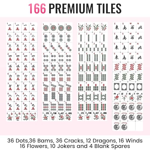 American Mahjong Tile Set,166 White Tiles Mahjong Set,4 Colors Mahjong Racks,Travel Mahjong Set with Pink Carrying Bag - style: Pink Bag