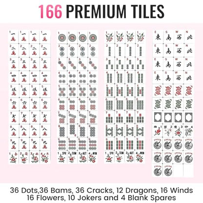 American Mahjong Tile Set,166 White Tiles Mahjong Set,4 Colors Mahjong Racks,Travel Mahjong Set with Pink Carrying Bag - style: Pink Bag