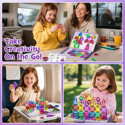 42-Piece Mini Magnetic Tiles Travel Set with Metal Storage Box - Portable STEM Building Blocks for Kids Ages 3-8, Montessori Educational Toys for Airplane & Car Rides, Gift for Boys & Girls - size: 42 Pieces