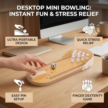 Naroote Mini Bowling Game Set Wooden Tabletop Bowling Alley Portable Desk Toy with Compact Design for Adults Teens Kids Gifts Stress Relief