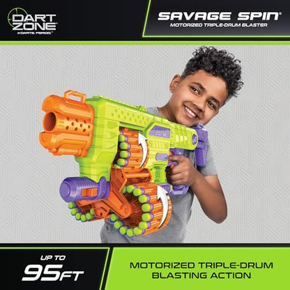 DART ZONE Savage Spin Semi-Auto Foam Dart Blaster – 45-Dart Triple-Drum Motorized Foam Dart Gun – NERF Dart Compatible Soft Bullet Toy Gun for Kids w. 90 Darts – AKA Adventure Force Gun – 80 ft Range