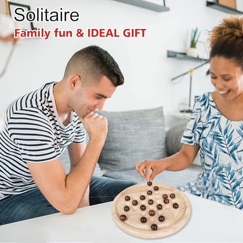 Gothink Solid Wood Solitaire Game, Classic Handcrafted 9'' Wooden Solitaire Board, 33 Smooth Wooden Balls, Single Strategic Mind Game for Kids and Adults - style: Solitaire Game