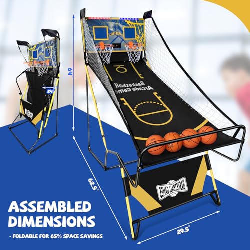 Small Arcade Basketball Game,Foldable Indoor Dual Basketball Scoring System with Sound Effects,Pump and Dual HoopsGame Modes for Family Game