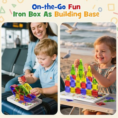 Mini Magnetic Tiles for Kids Travel - 40pcs STEM Building Blocks with Visual Storage Guide & Metal Box Play Base, Toddler Airplane Activities Toys for Ages 3-5,4-8, Compact Travel Toys - style: Glossy Surface Mini Magnetic Tiles - 40 PCS