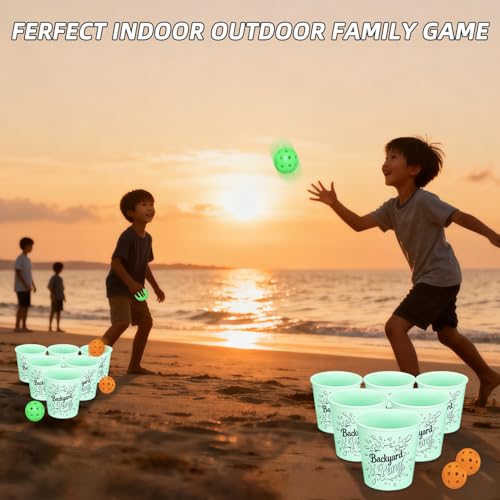 Mostop Yard Pong Outdoor Game: Giant Yard Game Set with 12 Buckets Glow in Dark, 6 Balls and Carry Bag, Toss Game Throwing Games for Adults and Family, Outdoor Game for Lawn, Backyard, Beach